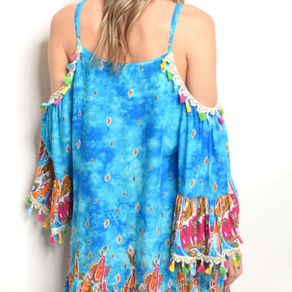 Chase Away The Blues- Boho Cold Shoulder Dress - Picture 6 of 8